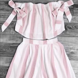 Pink and white two piece shorts and top set